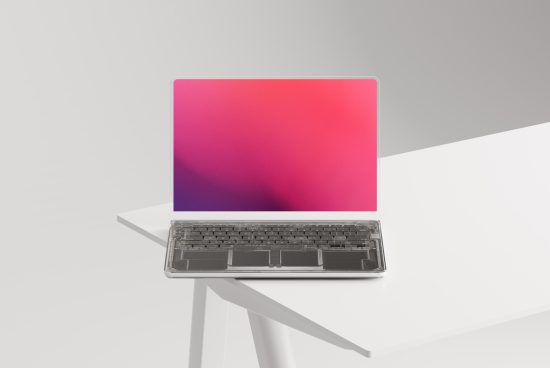 Modern laptop mockup with vibrant gradient screen display on white table, sleek design, ideal for template and web design presentations.