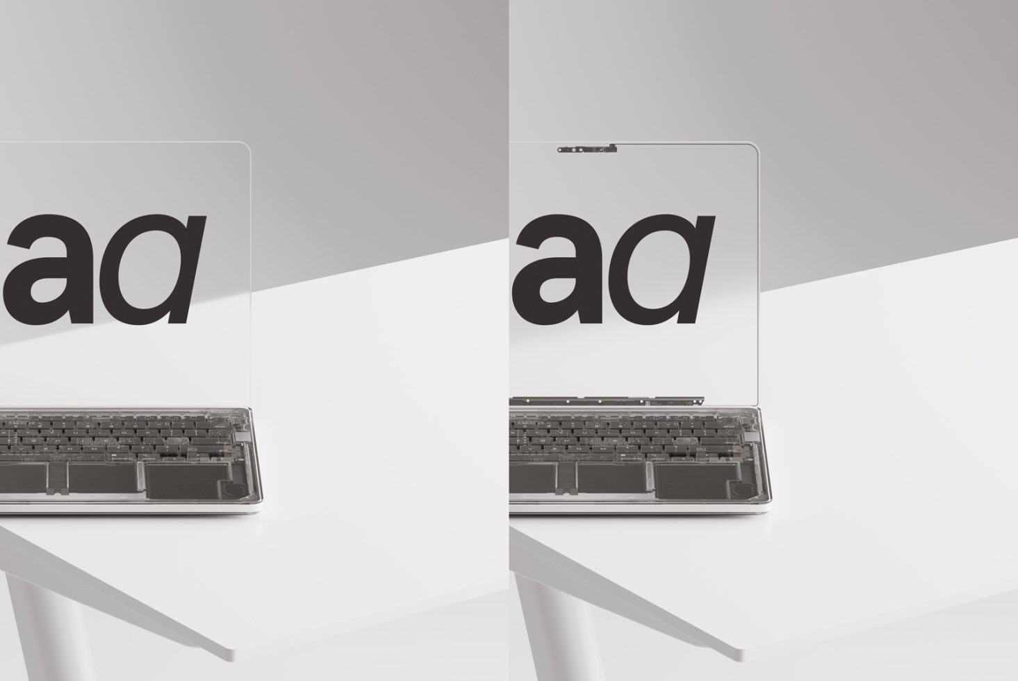 Laptop mockup with bold font sample on screen, modern design, placed on white minimalist desk, ideal for showcasing digital fonts.