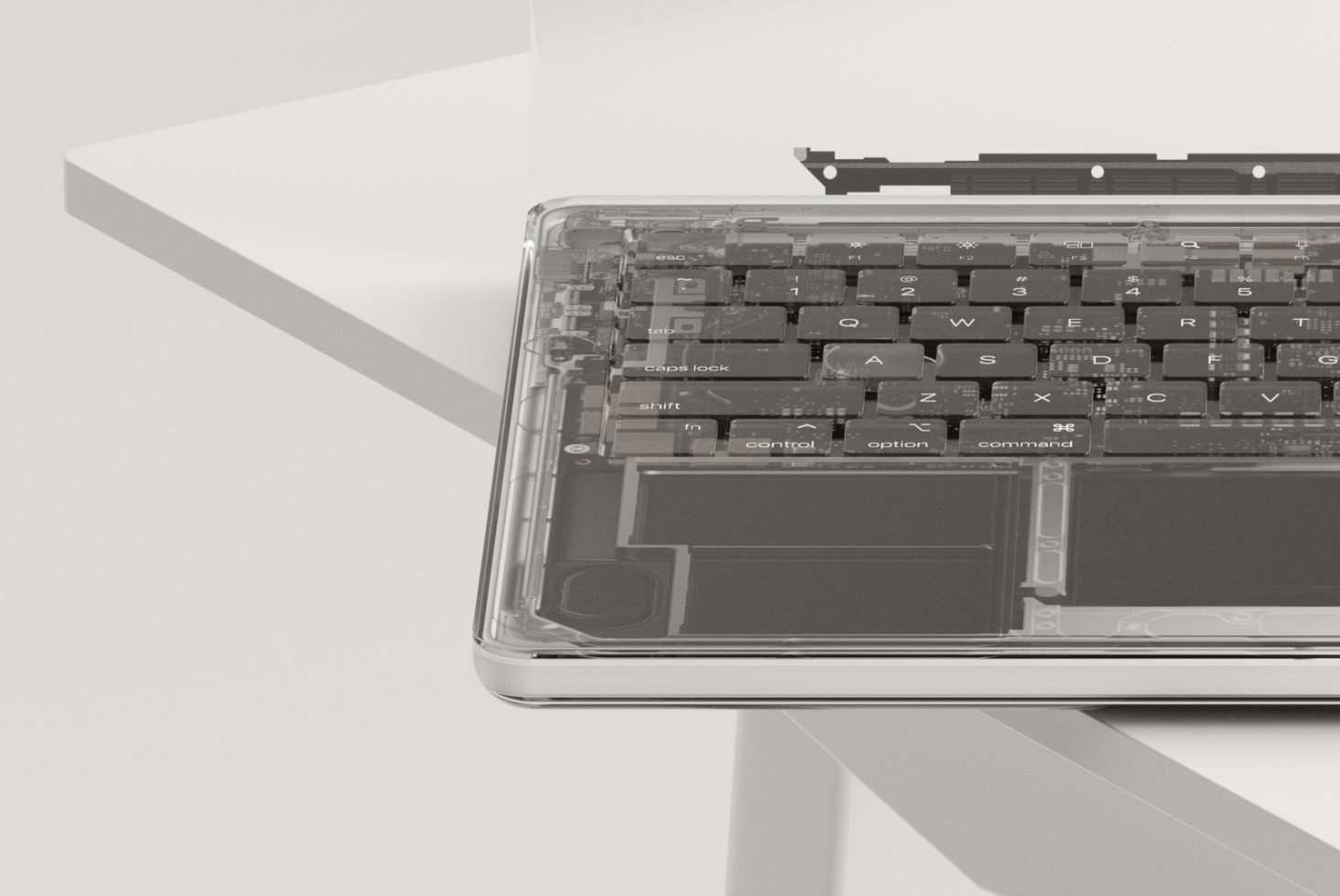 3D transparent laptop mockup showcasing keyboard details, ideal for digital device presentations and tech design assets.