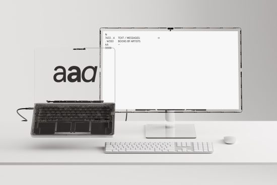 Minimalist laptop and monitor workspace mockup for showcasing designs, with editable screen areas for digital templates presentation.