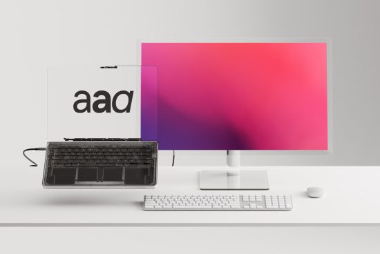 Modern workspace with dual screens featuring colorful gradient wallpaper, laptop, and designer keyboard for font display mockup.