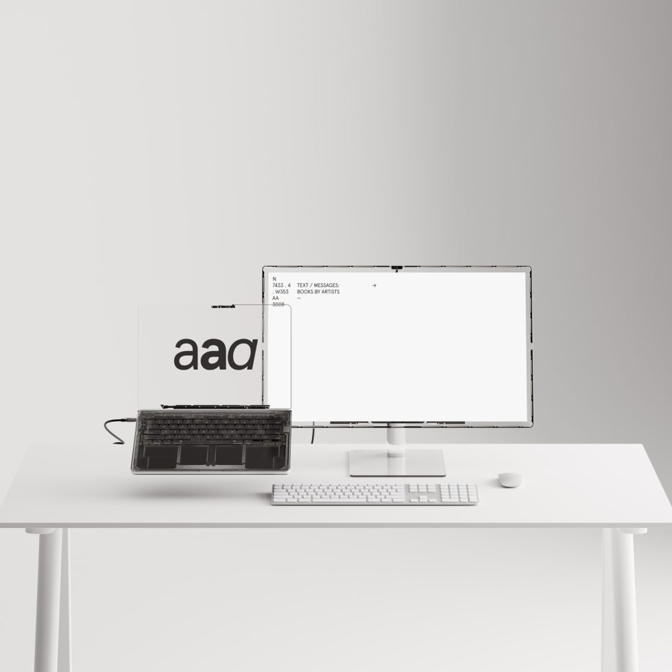 Minimal workspace with dual-screen computer setup for mockup presentation, designers' desk, modern office, clean design.