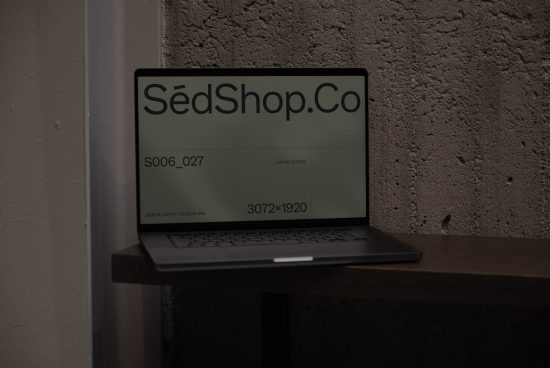 Laptop screen mockup on wooden desk against textured wall, showcasing website design, digital asset for graphic designers, realistic template.