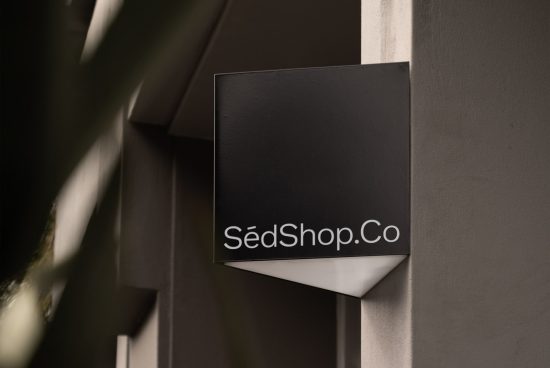 Elegant black storefront sign mockup with stylish typography on a building facade, ideal for showcasing branding designs.
