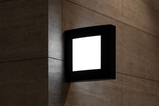 Square lightbox mockup on concrete wall, displaying blank white space for design presentation, graphic design template.