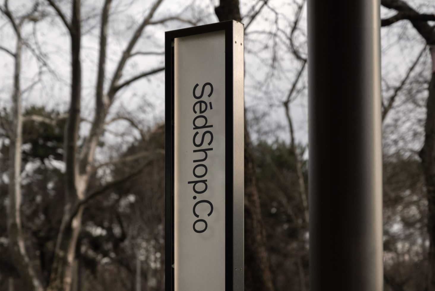 Elegant outdoor signpost mockup for branding with clear typography, SeedShop.Co logo, set against blurred trees in a natural environment.