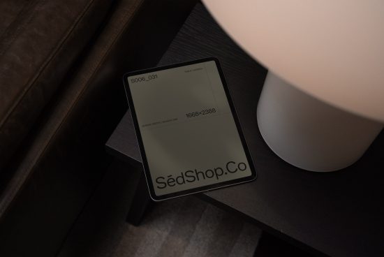 Minimalist tablet mockup on a dark wooden nightstand next to a lamp, showing website design preview. Perfect for presenting digital designs.