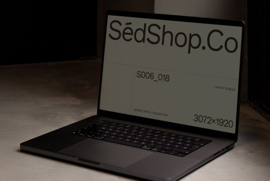 Laptop mockup with website screen display for digital asset marketplace, featuring minimal design in a dark setting, ideal for graphic templates.