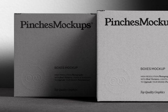 Professional box packaging mockup in grayscale with branding, high-resolution details, realistic textures, and shadows ideal for designers.