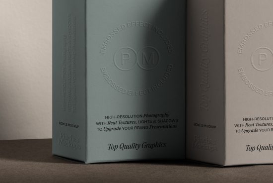 Mockup of premium packaging boxes with embossed logo effect and high-resolution detail, showcasing textures, lights, and shadows for brand presentations.