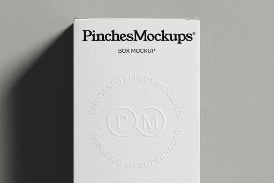 Elegant box mockup by PinchesMockups with embossing effect, ideal for product packaging design presentations and branding projects for designers.