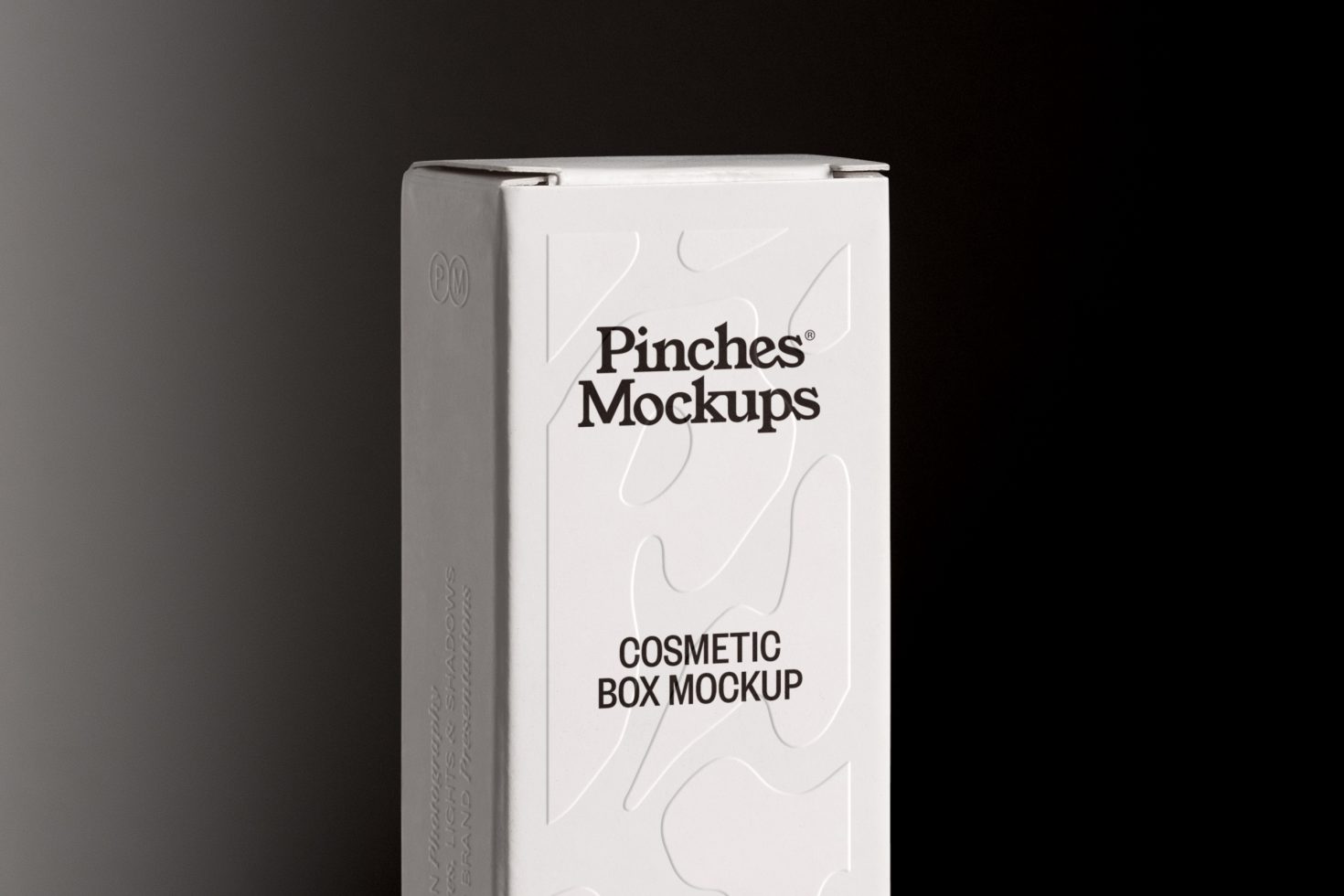 Elegant white cosmetic box packaging mockup on a dark background, product branding presentation, design asset for graphic designers.