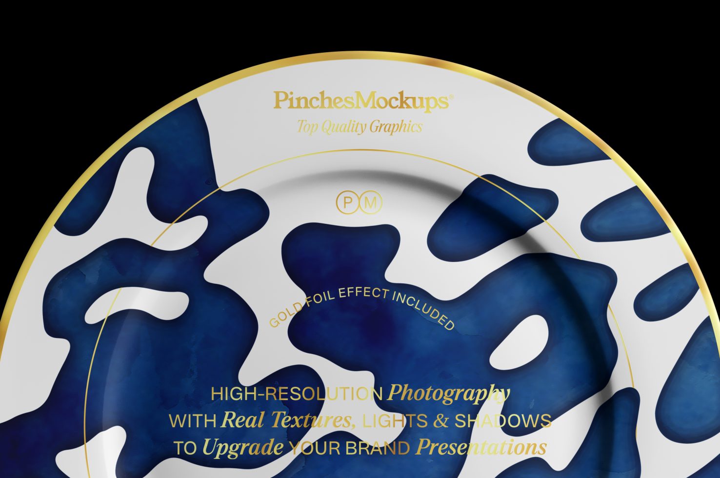 High-resolution mockup plate design with blue abstract shapes, realistic textures, shadows, and gold foil accents for branding presentations.