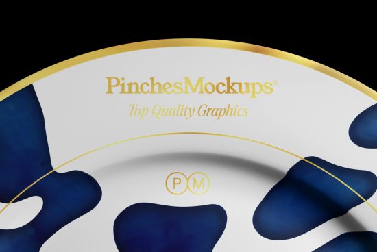 Elegant graphic design mockup featuring a curved surface with abstract blue shapes and gold text 'PinchesMockups Top Quality Graphics'.