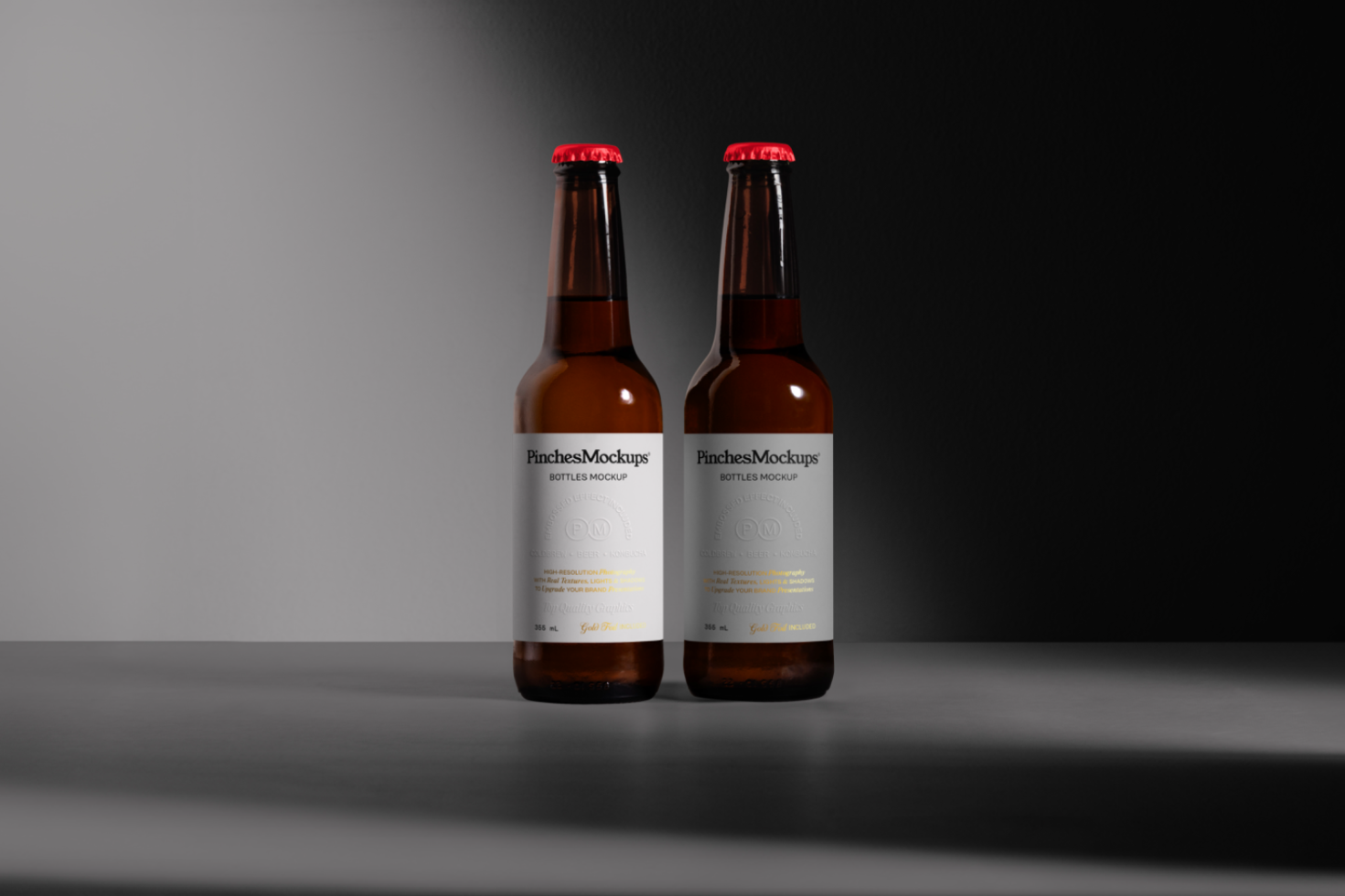 Realistic beer bottle mockup on dark background with editable label design, perfect for presentations and branding projects in the Mockups category.