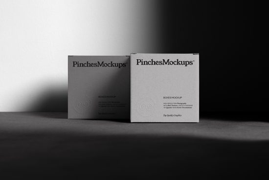 Two realistic packaging box mockups in monochrome, displaying front and side, great for brand presentation, design assets for graphic designers.