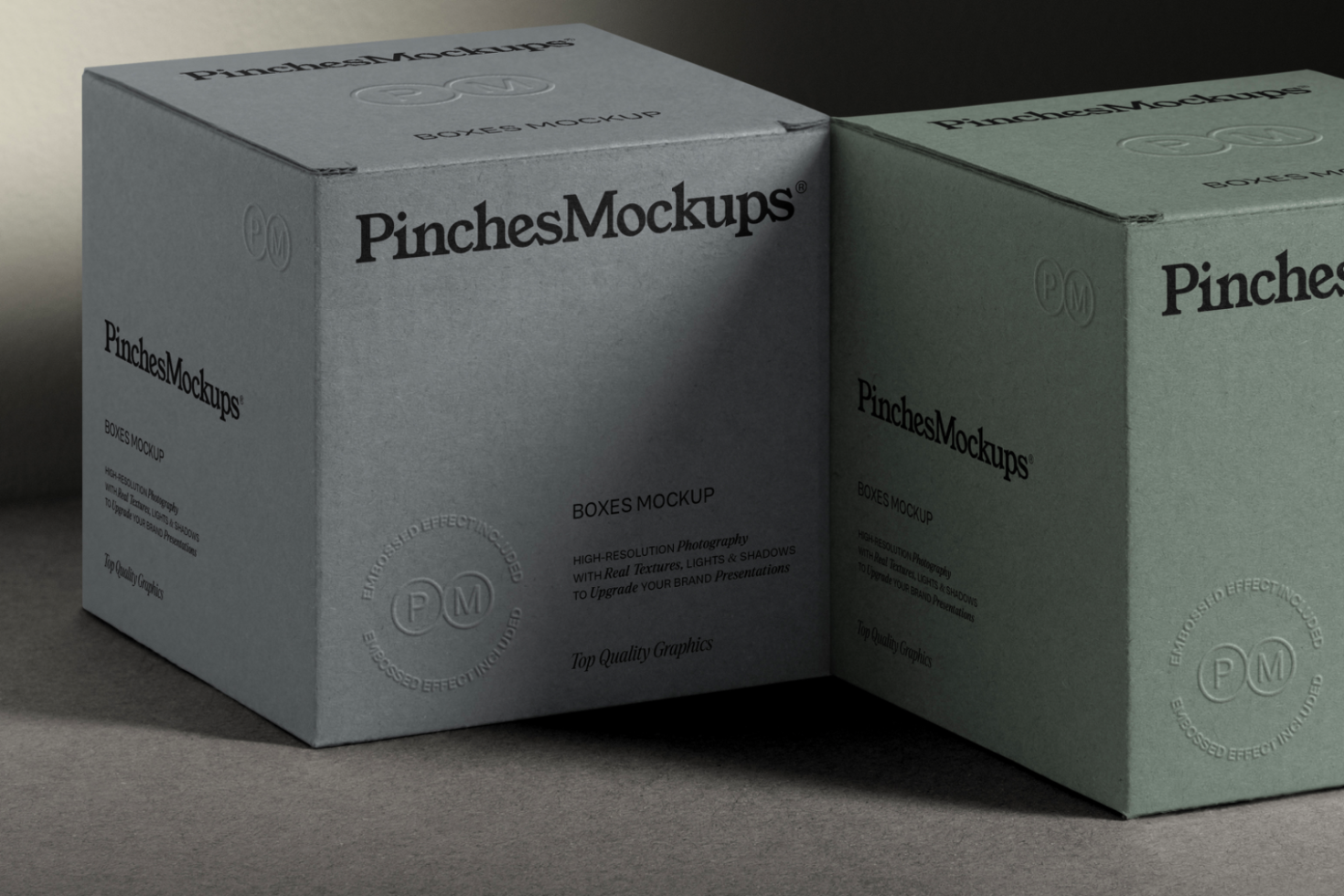 Two high-resolution box mockups with realistic textures and shadows, suitable for brand presentation and packaging design for designers.