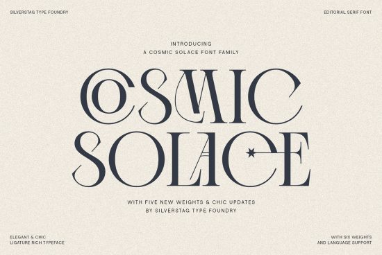 Elegant serif font family Cosmic Solace by Silverstag, perfect for editorial design with ligature-rich typeface, chic style, and language support.
