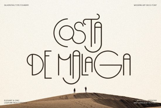 Art Deco style font preview with elegant design, showcasing the typeface "Costa Del Magi" by Silverstag Type Foundry with two figures on a dune.