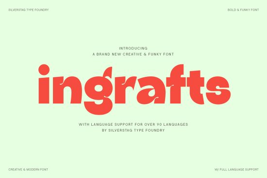 ALT: Bold and funky red font named ingrafts presented by Silverstag Type Foundry with creative modern design, supporting over 90 languages for designers.