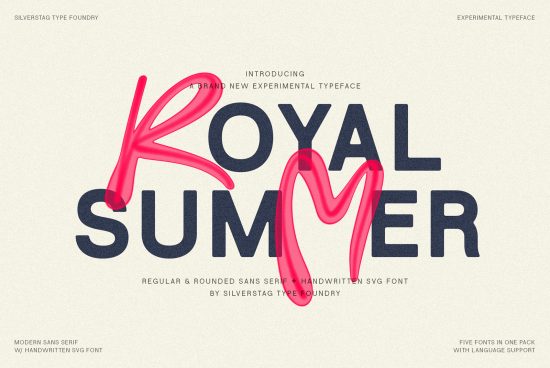 Experimental typeface Royal Summer with regular and rounded sans serif, plus handwritten SVG font by Silverstag Type Foundry.