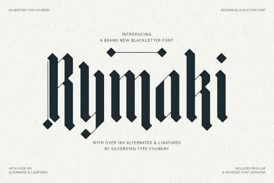 Modern Blackletter Font Kynaki preview with alternates and ligatures by Silverstag Type Foundry for graphic designers. Includes regular and rounded versions.