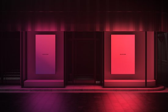 Storefront mockup with glowing poster displays at night, modern design, vibrant pink neon lighting, perfect for presenting branding and advertisements.