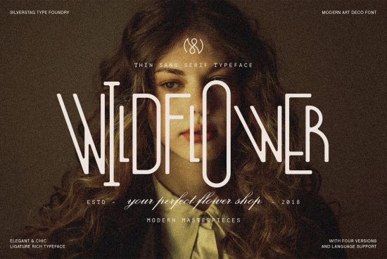 Woman with text overlay showcasing 'Wildflower' in sans serif typeface from Silverstag Foundry. Ideal for elegant, chic font designs with ligature.