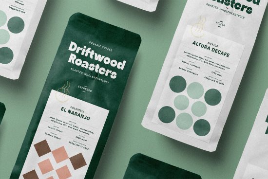 Flat lay of coffee packaging design mockups with modern typography, product details for designers in mockups category.