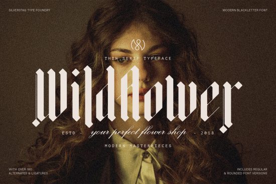 ALT: Elegant blackletter font showcase Wildflower in a classic serif style overlaid on a vintage photo of a woman, perfect for design, templates, and graphics.