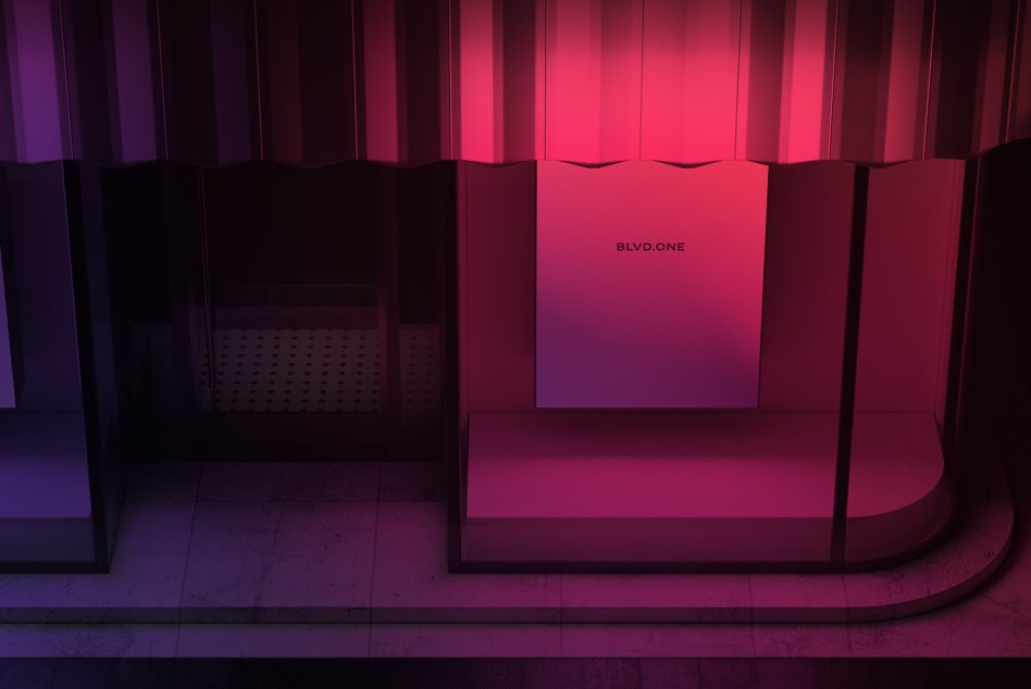 Modern showroom bathed in hot pink neon light with glowing signage reading BLVD.ONE