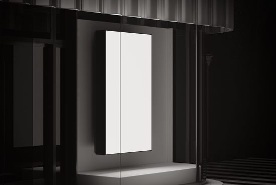 Black and white vertical billboard mockup in a dark modern room setting, ideal for showcasing advertising and poster design.