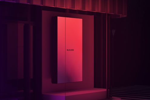 Modern poster mockup in a moody neon-lit room, ideal for showcasing branding and advertising designs for designers looking for graphics assets.