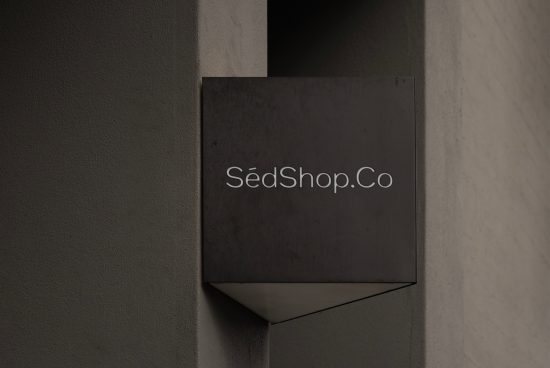Elegant storefront sign mockup in a minimalistic style, featuring a dark textured square signage against a concrete wall, ideal for branding presentation.