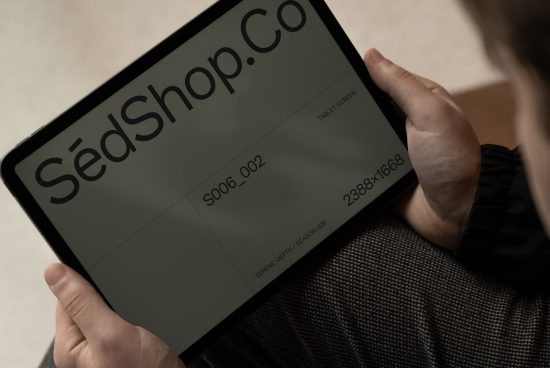 Person holding a tablet displaying website mockup with dimensions, ideal for designers needing sleek digital mockup templates.