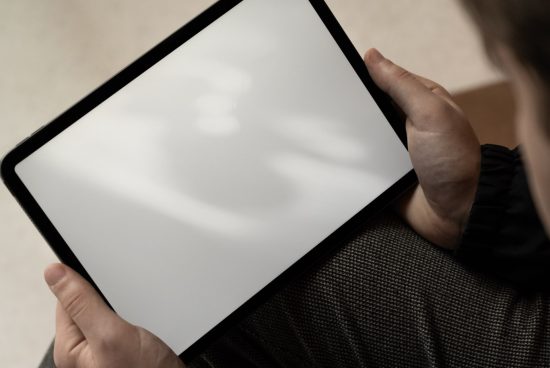 Person holding tablet with blank screen, ideal for mockup designs, digital device template for presentations and app display.