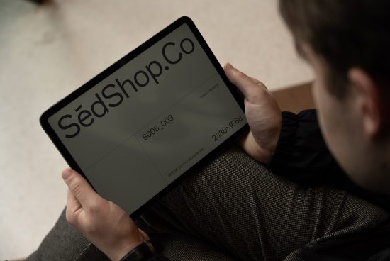 Man holding a tablet displaying website mockup, ideal for UI design presentations, high-resolution screen, professional look.