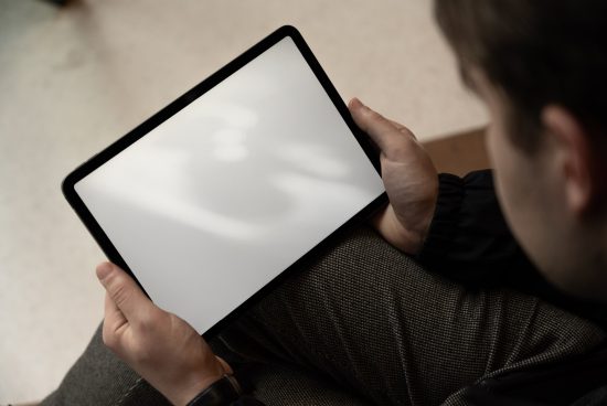 Person holding a blank screen tablet, ideal for mockup presentation, digital design template with space for overlay graphics.