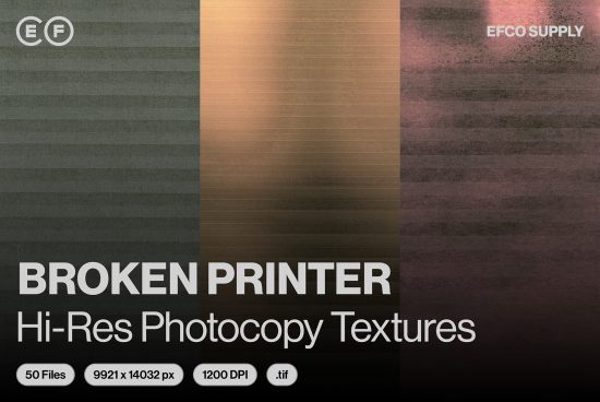 Graphic design texture pack Broken Printer Hi-Res Photocopy Textures with 50 files, high resolution 9921x14032 pixels, 1200 DPI for designers.