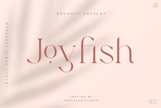Elegant serif font design Joyfish with soft shadows, presented by Pentagonistudio, suitable for branding and luxury designs.