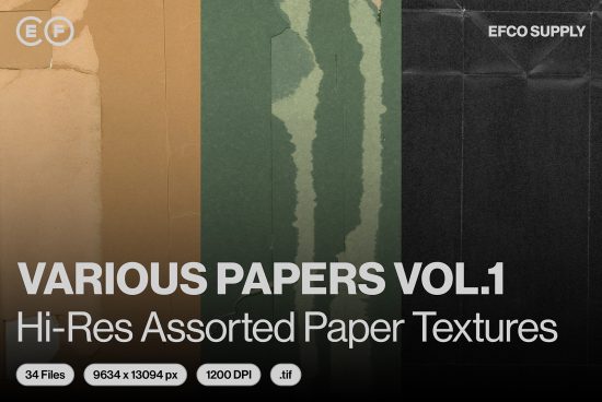 Assorted high-resolution paper textures pack for designers, Various Papers Vol.1, 34 files included, 9634x13094px, 1200 DPI for graphic design.
