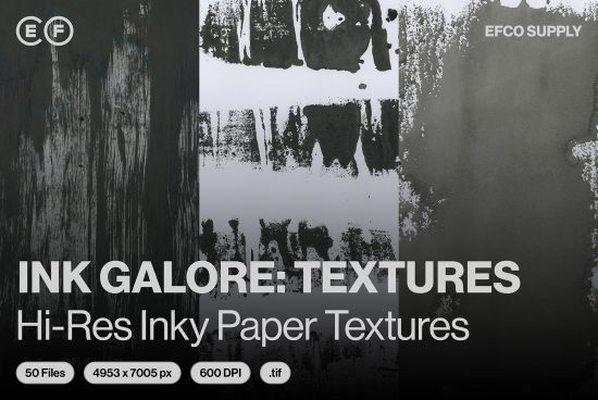 Ink Galore Textures Pack for creative design, 50 high-resolution inky paper textures, 4953x7005 px, 600 DPI, versatile graphic assets.