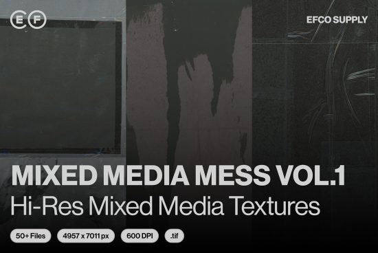 High-resolution Mixed Media Texture Pack for designers, 50+ files at 4957x7011px, 600DPI, includes versatile tif textures for graphic designs.