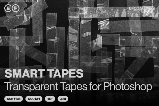 Graphic designers can enhance their projects with this set of Smart Tapes, high-resolution transparent tape templates for Photoshop, featuring 4K quality and over 100 files.
