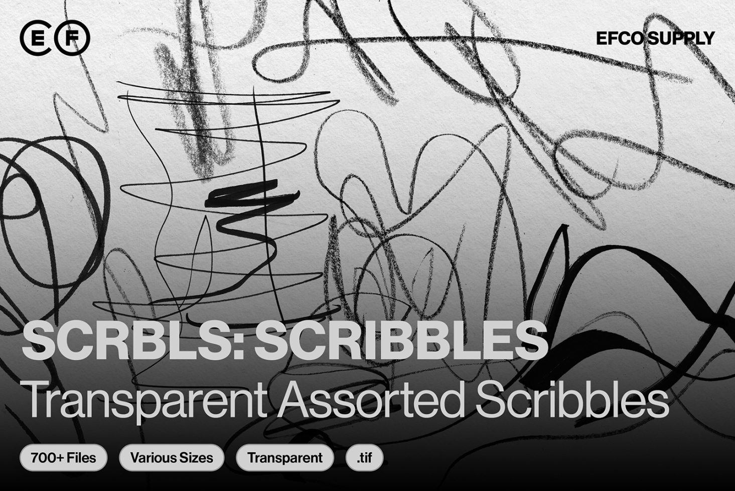 SCRBLS: Transparent assorted scribbles digital asset with 700 plus files various sizes in tif format ideal for designers seeking unique graphics templates.