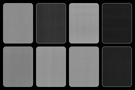 Set of eight grey and black smartphone mockups on dark background, versatile design assets for presentations and portfolios.