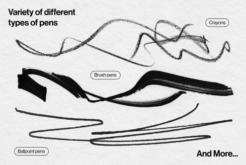 Ink strokes sample from various pens and crayons on textured paper, perfect for designers in graphics and templates category.