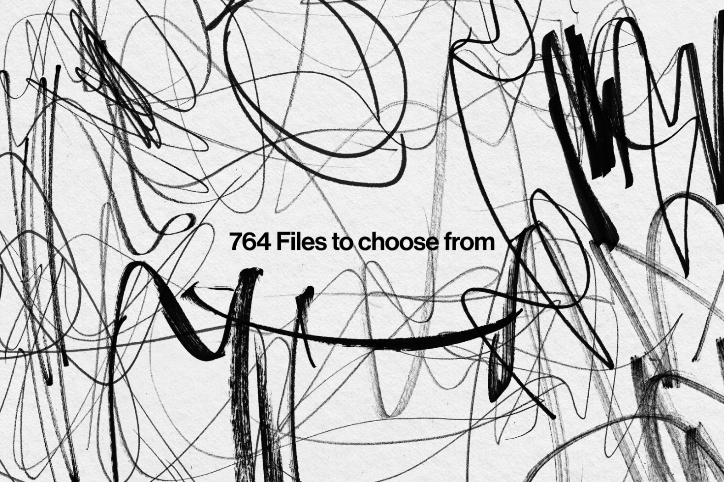 Abstract black scribbles on white background with text "764 Files to choose from" highlighting available mockups, graphics, fonts, and templates for designers.