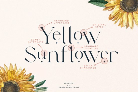 Elegant Yellow Sunflower font showcase with ligatures, alternates, and sunflower illustration, perfect for design and branding projects.
