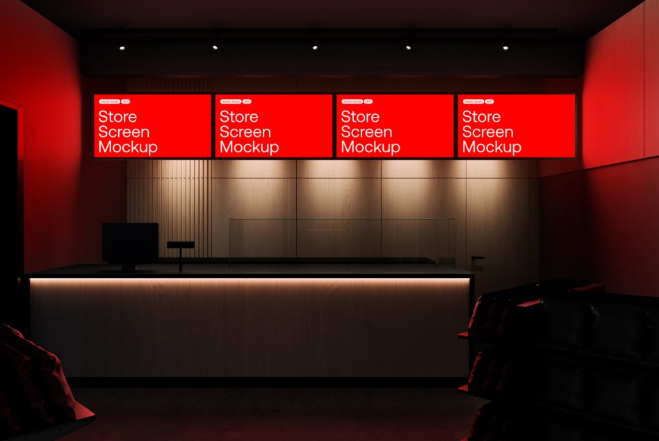 Modern retail store interior with red lighting featuring digital screen mockups for design presentations.